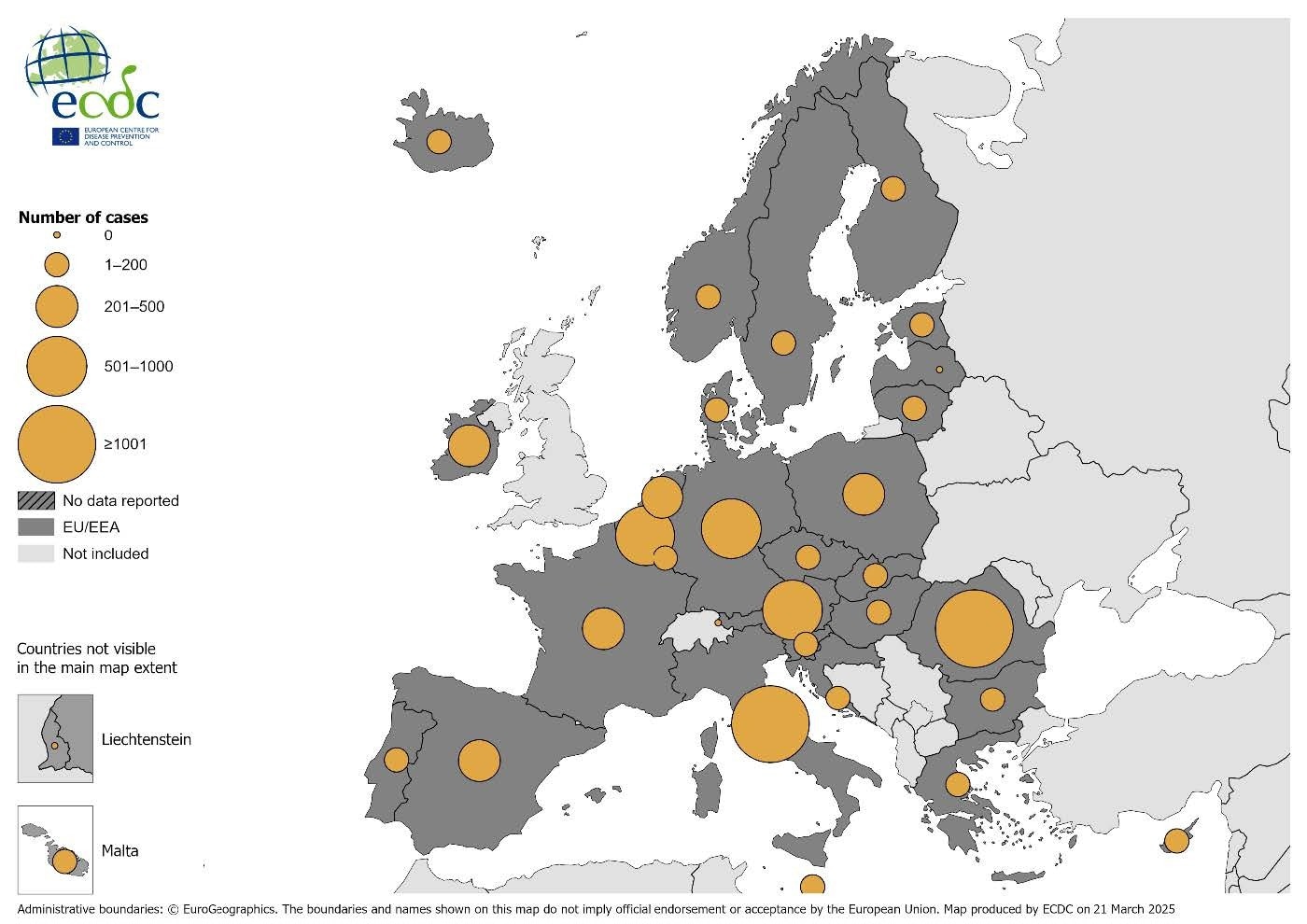 Number of measles cases by country, EU/EEA, 2024. Source: Country reports from Austria, Belgium, Bulgaria, Croatia, Cyprus, Denmark, Finland, France, Germany, Greece, Hungary, Iceland, Ireland, Italy, Latvia, Liechtenstein, Lithuania, Luxembourg, Malta, the Netherlands, Norway, Poland, Portugal, Romania, Slovakia, Slovenia, Spain, Sweden.